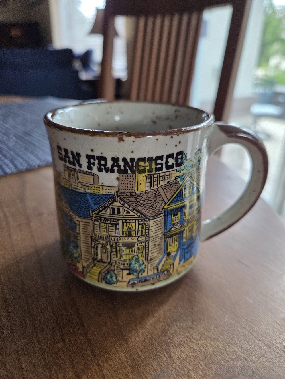 Mid Century Stoneware Speckled Glaze San Francisco Painted Ladies Mug